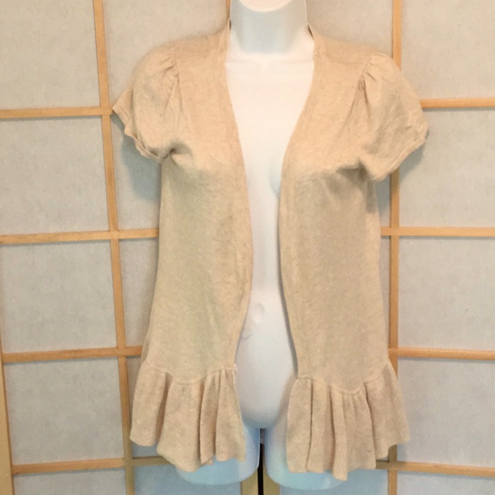 Cotton Blend Cardigan Sweater, Cap Sleeves & Flounce